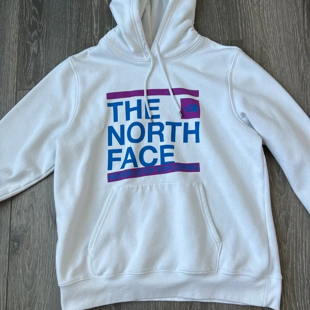 The North Face White Hoodie with Blue & Purple Logo Block